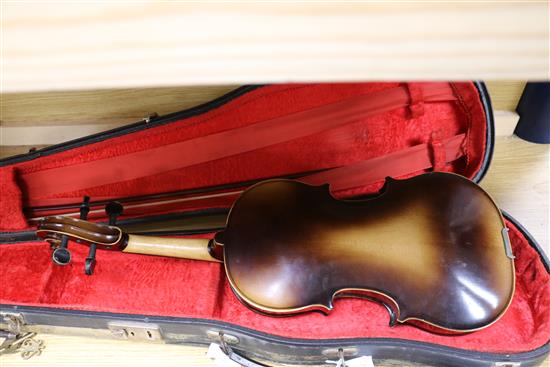 A Rosetti violin bearing faux Stradivarius label, cased with bow